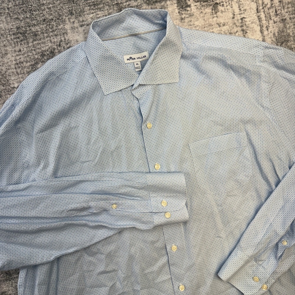 Peter Millar Shirt Mens XL Blue Geometric Lyocell Linen Relax Fit Beach Coastal